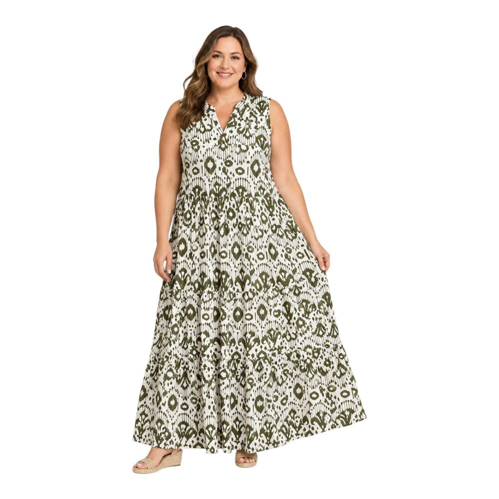CHICO'S 3 Women XL Maxi Dress Green White Ikat Pattern Tiers Pockets Pima Cotton